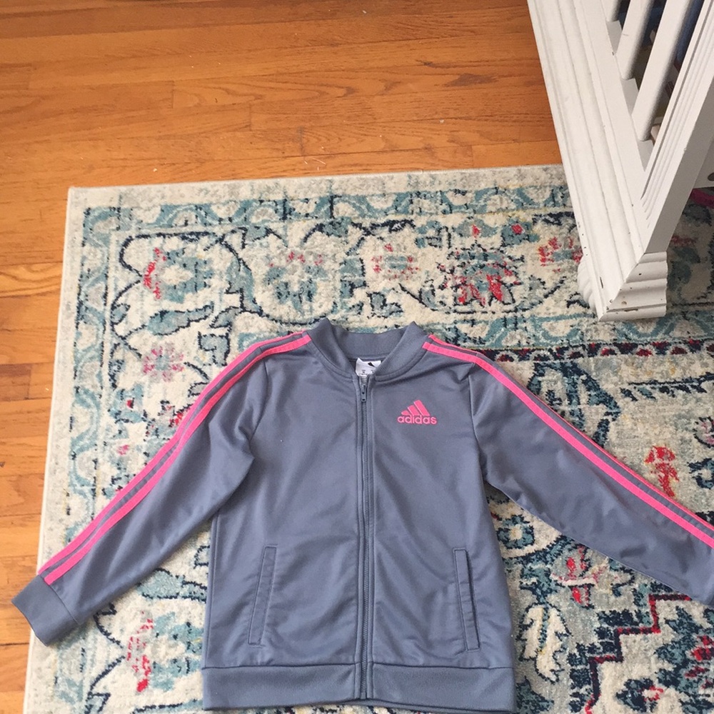 Grey and Pink Adidas sweatshirt.